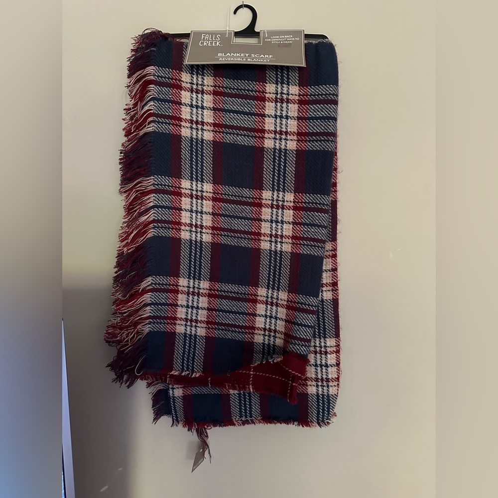FALLS CREEK, one size fits all, Plaid Fringe Scarf in Red, Tan and Blue. NWT!